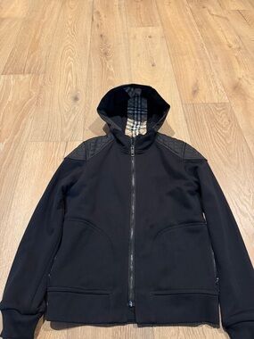 Burberry Black Hooded Jacket with Plaid Trim